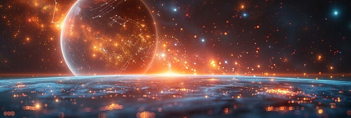 Wall Mural - bright star rising over a cosmic horizon with glowing constellations, creating a sense of space expl
