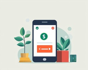 Illustration of a smartphone displaying a financial app, surrounded by green plants, representing digital finance and minimalism.