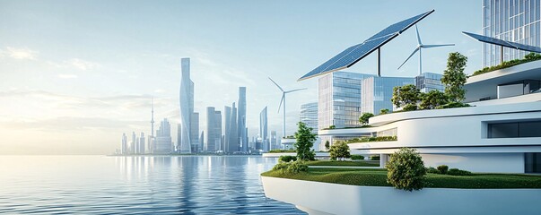 Poster - A panoramic view of a sustainable coastal city with green buildings, clean transportation, and renewable energy sources, emphasizing the future of urban development. The image is designed with