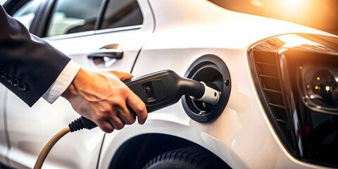 3d Flat icon as Hand plugging in an EV charger to a car symbolizing connection and energy with ample space for text. concept as A hand plugging in an EV charger to a car representing the connection an