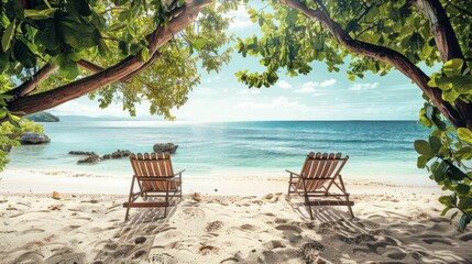 Poster - Two wooden chairs face a tranquil ocean under leafy branches, inviting relaxation on a beautiful beach day