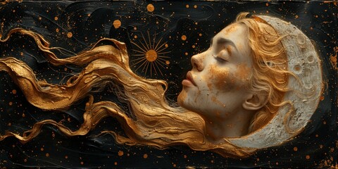 Canvas Print - portrait of a serene woman with golden hair flowing into a celestial background, embodying the harmo