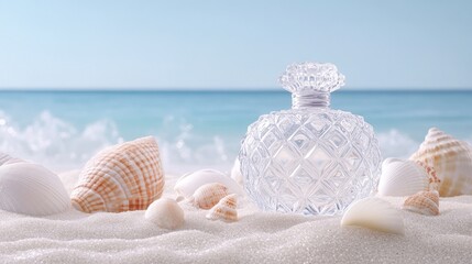 Elegant glass perfume bottle nestled in soft sand with seashells and gentle waves under bright sunlight