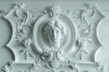 Wall Mural - AI generated illustration luxury white wall design bas-relief with stucco mouldings rococo element