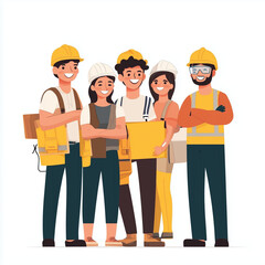 Wall Mural - group of happy young student construction worker in safety gear, An illustration composed of simple minimalist aspects. The background is white 