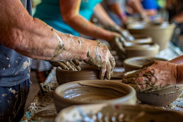 AI generated photo of female artist shaping clay on spinning wheel pottery artist