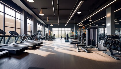 Modern Gym Interior with Weights and Cardio Equipment