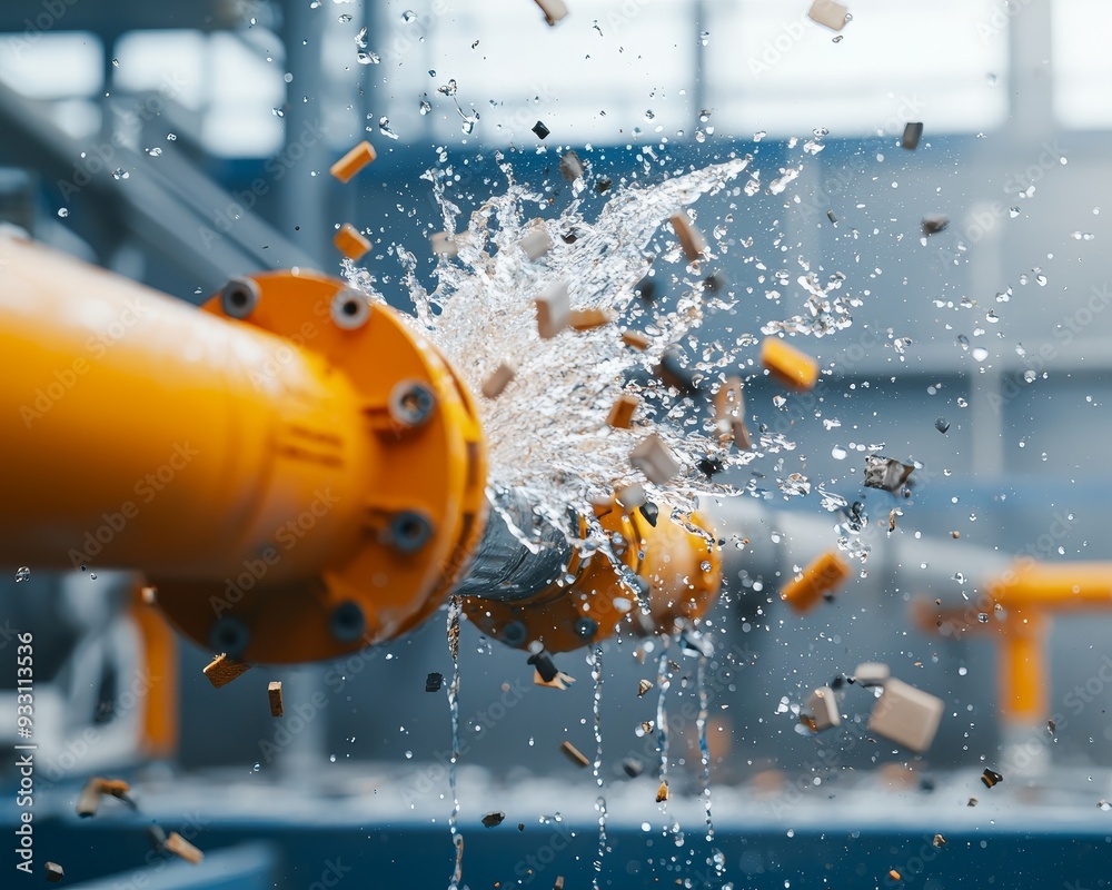 pipeline burst water pours from pipes industrial... Dynamic image of a burst pipe with water and debris, showcasing ...