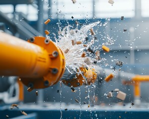 Dynamic image of a burst pipe with water and debris, showcasing industrial energy and motion in a factory environment.