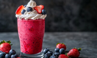 Wall Mural - A glass of red smoothie with whipped cream and strawberries on top