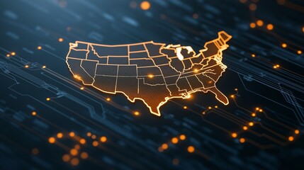 Poster - Digital Nation: USA - An intricate circuit board illuminates a glowing outline of the United States, symbolizing technological advancement, connectivity, and the digital landscape of America. 