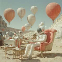 Surreal scene of astronauts relaxing on Mars with hot air balloons in the sky, blending space exploration with leisure activities.