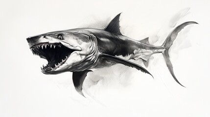 Wall Mural -  A black-and-white drawing of a shark with its jaws widely opened