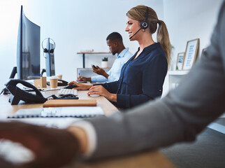 Poster - Business people, telemarketing and woman with computer, call center and help desk in office. Group, employees and insurance agents with pc, connection or customer service with tech support or headset