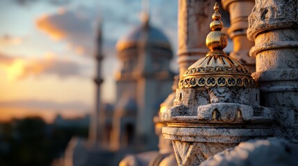 Poster -  A building with a golden dome, its peak glowing in the sunset background ..OR..Close-up of a gold-domed