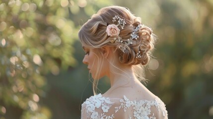 A bride showcases a romantic wedding hairstyle with loose waves and floral details, radiating elegance amidst a natural backdrop