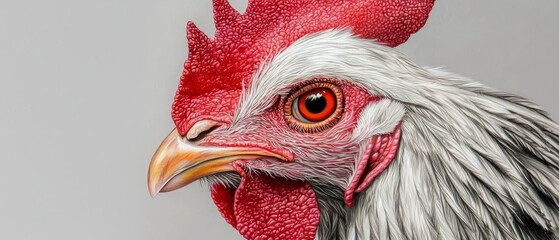 Wall Mural -  Close-up of rooster's face against gray backdrop, displaying red and white comb