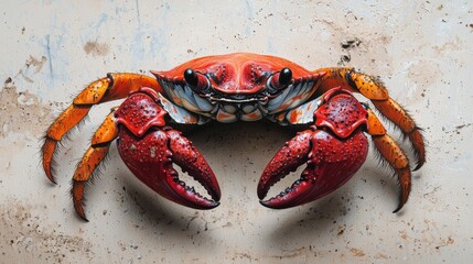 Wall Mural -  A red crab up-close against a plain white background; its face features an intricate black and orange design