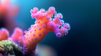 Wall Mural -  A tight shot of a pink-and-yellow sea anemone against a backdrop of blue and pink Foreground features additional anemones