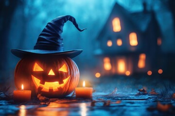 A pumpkin with a witch's hat on top of it is lit up with a smiley face