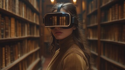 Poster - A person immerses in virtual reality while surrounded by shelves of books in a tranquil library setting.