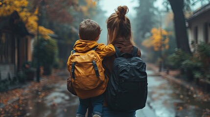 young mother waiting for her little son on streetafter school little boy is running to hug her.jpg