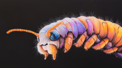 Wall Mural -  A multicolored caterpillar drawing against a black backdrop, appearing as if emerging from the shadow