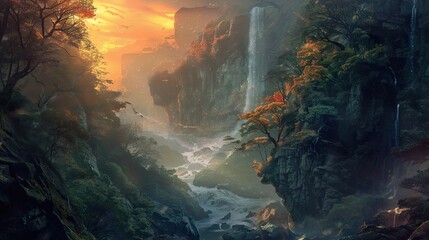 Wall Mural - Majestic Waterfall in a Fantasy Landscape