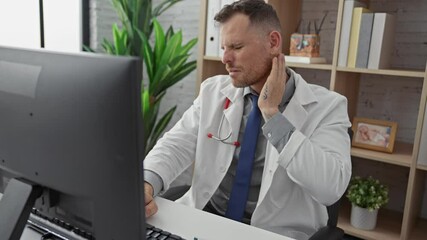 Wall Mural - Handsome male doctor in a white coat working on a computer exhibiting discomfort or pain in a hospital office setting