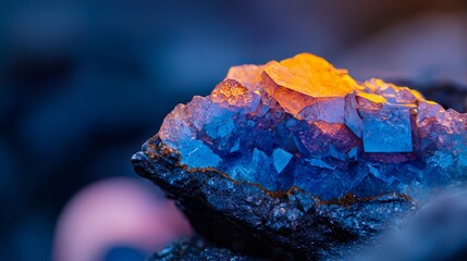 Wall Mural -  A detailed shot of a rock displaying a yellow-blue patina on its surface against a softly blurred backdrop