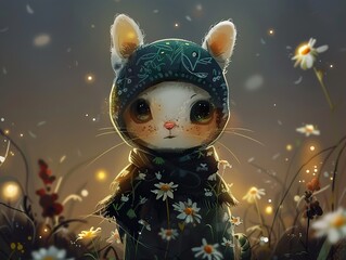 Wall Mural - Cute Kitten in a Flower Field - Whimsical Digital Art