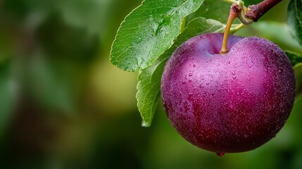 Sticker -  A red apple on tree branch, close-up Water droplets glisten Green background of foliage