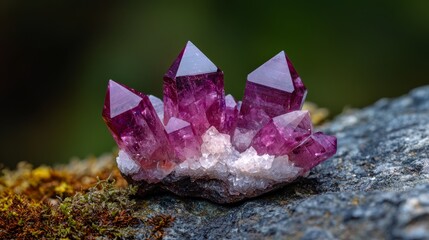 Poster -  A pink crystal cluster perches atop a rock, nestled beside a forest teeming with green moss and lichen