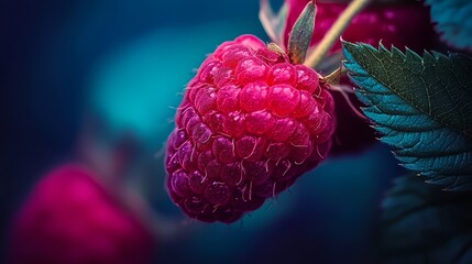 Wall Mural -  A tight shot of a ripe raspberry on its leafy branch, adorned with dewdrops atop