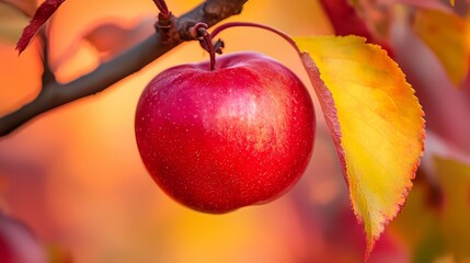 Sticker -  A tight shot of an apple on a tree branch, surrounded by leafy foreground with a soft, indistinct background