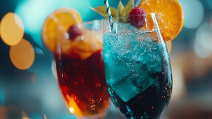  A tight shot of two glasses, each adorned with a fruit garnish at the rim