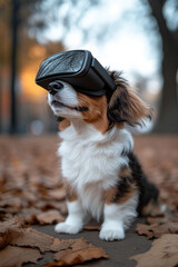 Poster - A puppy wearing a VR headset, exploring a virtual park with a wagging tail,