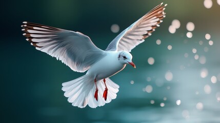 Wall Mural -  A white bird flies with spread wings and an open body