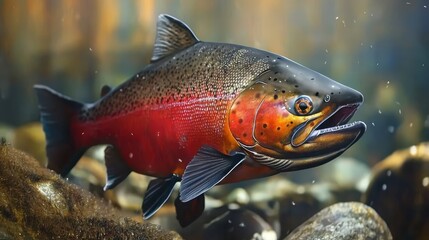 Wall Mural -  A rainbow fish painting in a crystal-clear stream Rocks dot the foreground, while trees frame the scene in the background