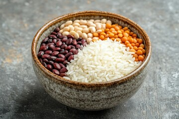 Hearty dish of white and red beans with rice and vegetables in a ceramic bowl