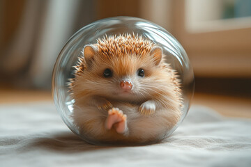 Poster - A hedgehog curled up inside a futuristic, transparent ball, rolling around a smart home,