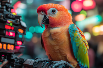 Aufkleber - A parrot perched on a robotic arm, mimicking the sounds of electronic devices in a vibrant, playful setting,