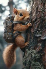 Poster - A squirrel with a tiny backpack full of gadgets, climbing a digitally-enhanced tree,