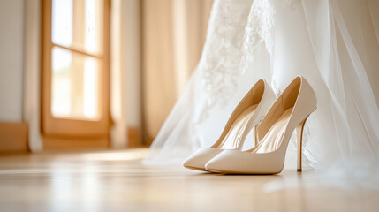 Elegant beige high-heeled shoes positioned beside a wedding dress, showcasing a romantic bridal setting with soft natural light