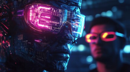 Poster - Futuristic AI robot with neon glowing digital circuitry and detailed head design alongside a human in illuminated glasses