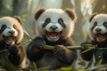 Poster - A panda bear playing with a robotic bamboo stick, which moves and dances to keep the panda entertained,