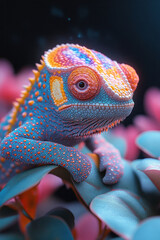 Poster - A chameleon changing colors to match the vibrant hues of a holographic display in a futuristic terrarium,