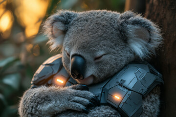 Poster - A koala cuddling with a heated, plush robot designed to simulate warmth and comfort,