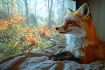 Poster - A fox playing in a virtual forest projected onto the walls of a smart home, chasing digital prey,