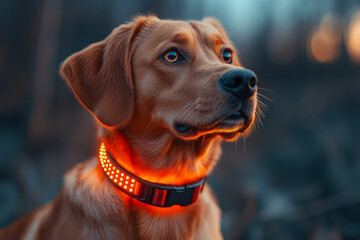 Poster - A dog wearing a tech collar that glows in sync with its heart rate, showing its excitement during playtime,